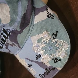 VAIL Blue baseball cap stitched designs Blue, green, gray camo Velcro. Air holes
